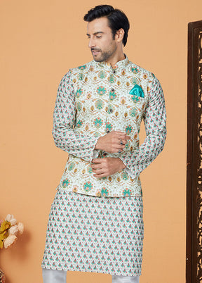 Green Full Sleeves Mandarin Collar Waistcoat