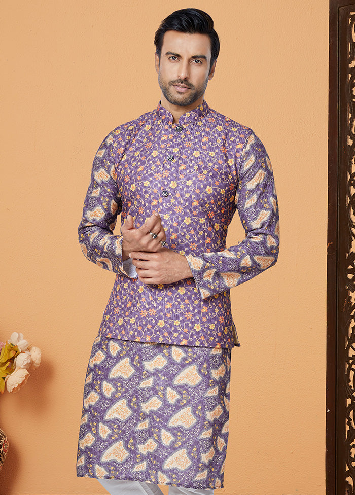 Purple Full Sleeves Mandarin Collar Waistcoat - Indian Silk House Agencies