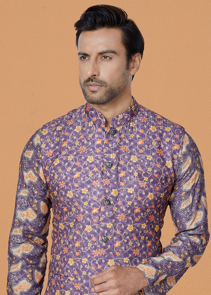 Purple Full Sleeves Mandarin Collar Waistcoat - Indian Silk House Agencies