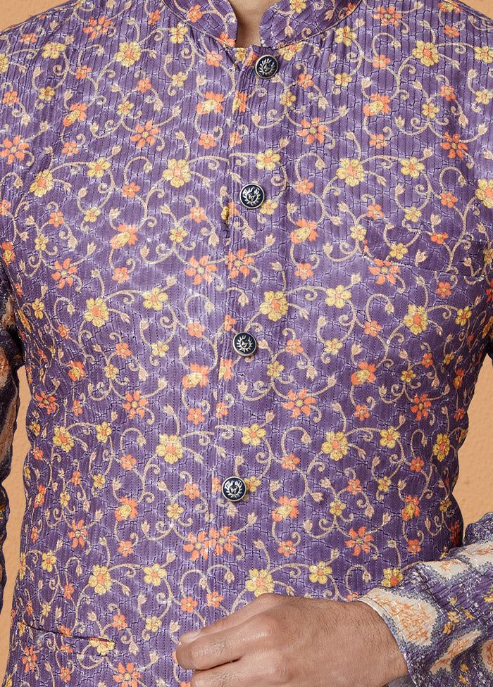 Purple Full Sleeves Mandarin Collar Waistcoat - Indian Silk House Agencies