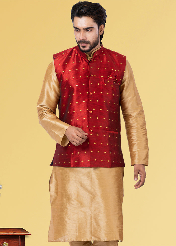 Multicolor Dupion Silk Full Sleeves Mandarin Collar Waistcoat - Indian Silk House Agencies