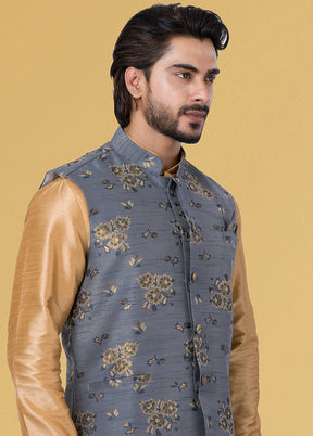 Multicolor Dupion Silk Full Sleeves Mandarin Collar Waistcoat