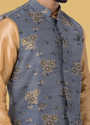 Multicolor Dupion Silk Full Sleeves Mandarin Collar Waistcoat