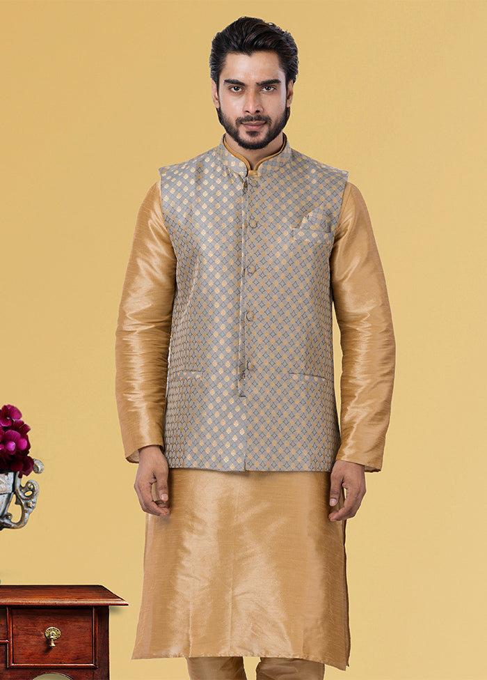 Multicolor Dupion Silk Full Sleeves Mandarin Collar Waistcoat - Indian Silk House Agencies