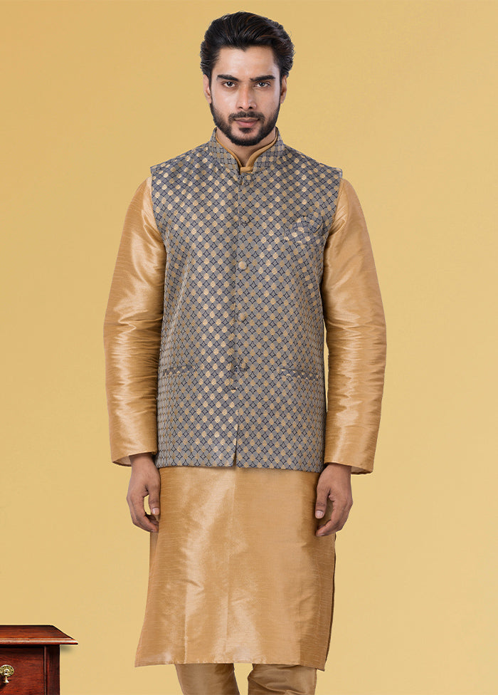 Multicolor Dupion Silk Full Sleeves Mandarin Collar Waistcoat - Indian Silk House Agencies