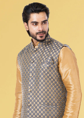 Multicolor Dupion Silk Full Sleeves Mandarin Collar Waistcoat - Indian Silk House Agencies