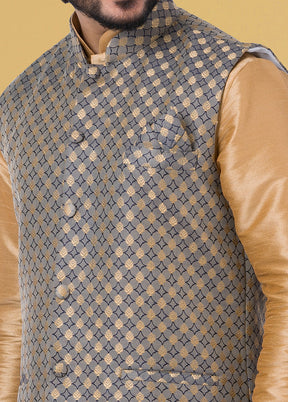 Multicolor Dupion Silk Full Sleeves Mandarin Collar Waistcoat - Indian Silk House Agencies