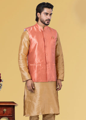 Multicolor Dupion Silk Full Sleeves Mandarin Collar Waistcoat - Indian Silk House Agencies