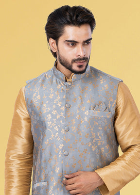 Multicolor Dupion Silk Full Sleeves Mandarin Collar Waistcoat - Indian Silk House Agencies