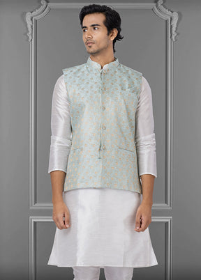 Multicolor Dupion Silk Full Sleeves Mandarin Collar Waistcoat
