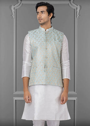 Multicolor Dupion Silk Full Sleeves Mandarin Collar Waistcoat - Indian Silk House Agencies