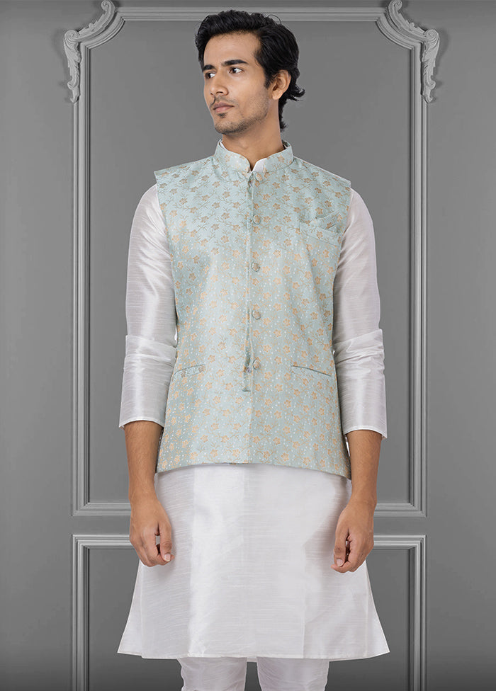 Multicolor Dupion Silk Full Sleeves Mandarin Collar Waistcoat - Indian Silk House Agencies