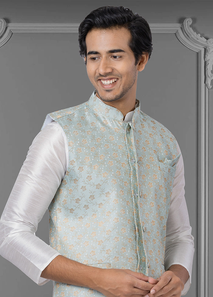 Multicolor Dupion Silk Full Sleeves Mandarin Collar Waistcoat