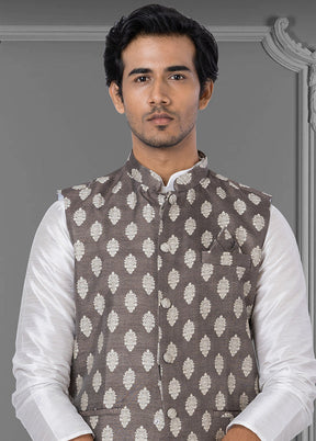 Multicolor Dupion Silk Full Sleeves Mandarin Collar Waistcoat - Indian Silk House Agencies