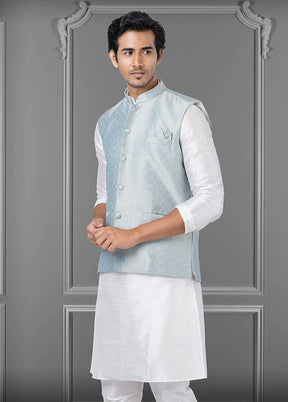 Multicolor Dupion Silk Full Sleeves Mandarin Collar Waistcoat - Indian Silk House Agencies