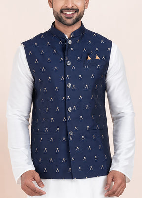 Navy Blue Full Sleeves Mandarin Collar Waistcoat