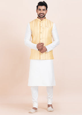 3 Pc White Dupion Silk Kurta Pajama Set