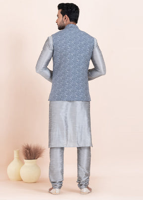 3 Pc Grey Dupion Silk Kurta Pajama Set