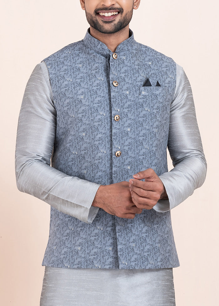 3 Pc Grey Dupion Silk Kurta Pajama Set