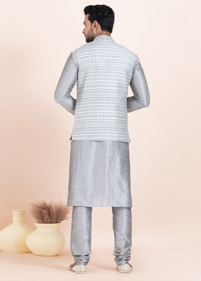 3 Pc Grey Dupion Silk Kurta Pajama Set