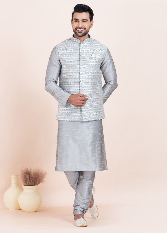 Grey Full Sleeves Mandarin Collar Waistcoat