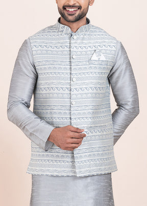 Grey Full Sleeves Mandarin Collar Waistcoat