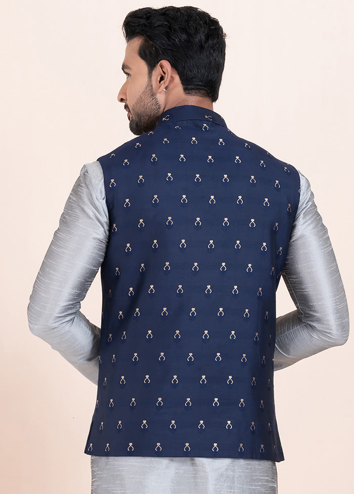 Navy Blue Full Sleeves Mandarin Collar Waistcoat