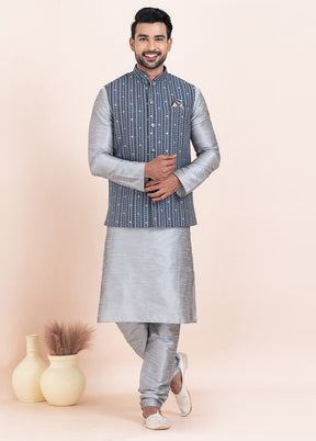 3 Pc Grey Dupion Silk Kurta Pajama Set