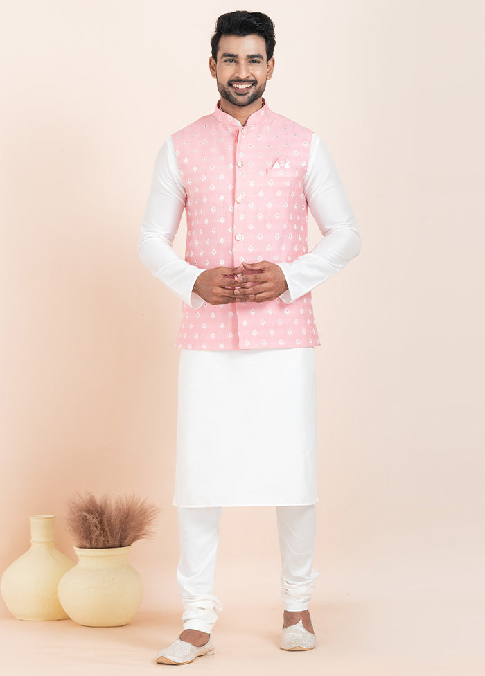 3 Pc White Dupion Silk Kurta Pajama Set