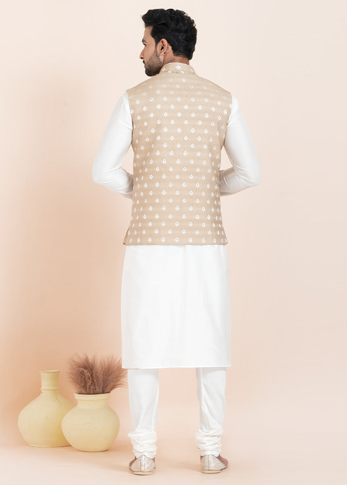 3 Pc White Dupion Silk Kurta Pajama Set