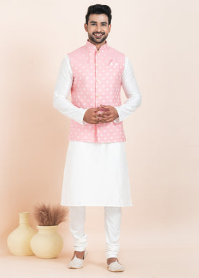 3 Pc White Dupion Silk Kurta Pajama Set