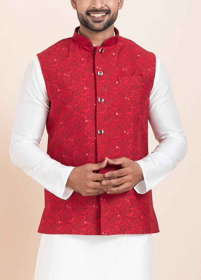 Red Full Sleeves Mandarin Collar Waistcoat