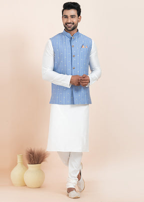 3 Pc White Dupion Silk Kurta Pajama Set