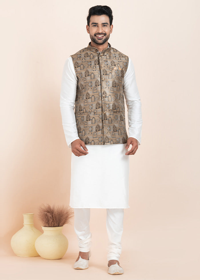 3 Pc White Dupion Silk Kurta Pajama Set