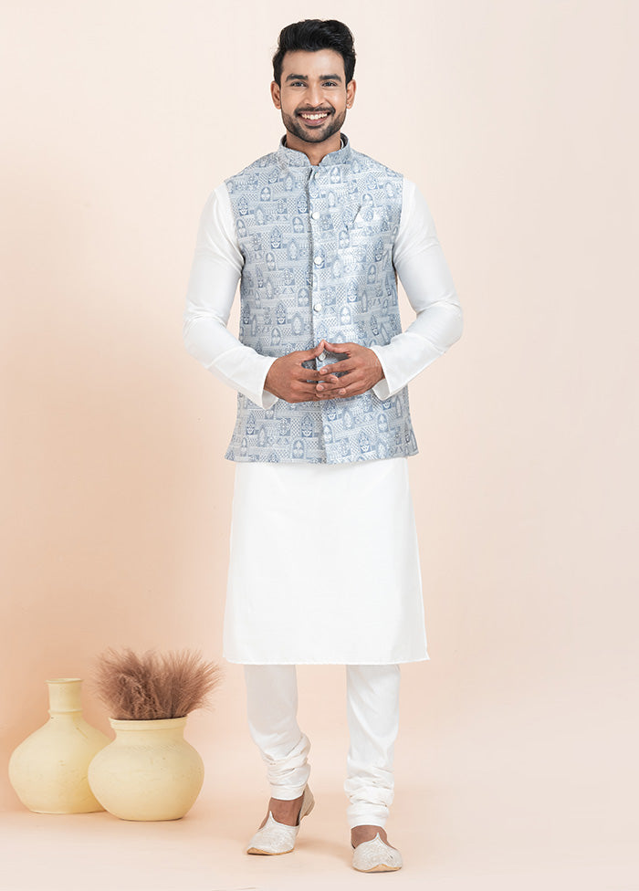 3 Pc White Dupion Silk Kurta Pajama Set