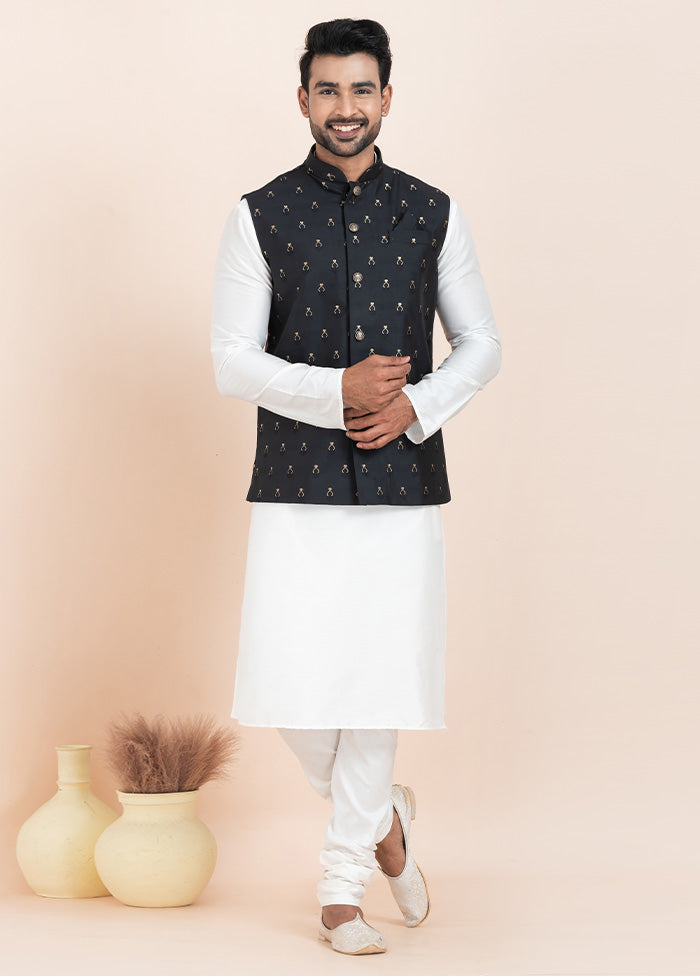 3 Pc White Dupion Silk Kurta Pajama Set