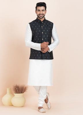 3 Pc White Dupion Silk Kurta Pajama Set