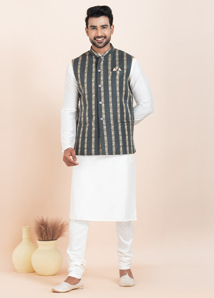 3 Pc White Dupion Silk Kurta Pajama Set