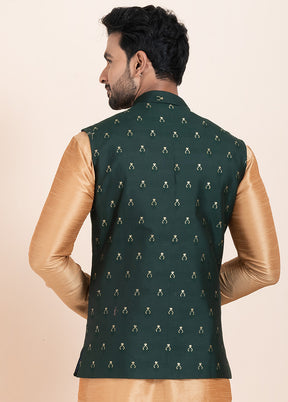 Dark Green Full Sleeves Mandarin Collar Waistcoat