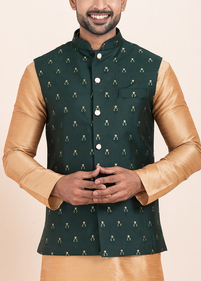 Dark Green Full Sleeves Mandarin Collar Waistcoat