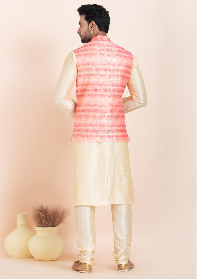 3 Pc Gold Dupion Silk Kurta Pajama Set