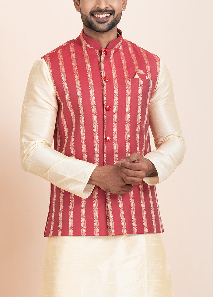 Red Full Sleeves Mandarin Collar Waistcoat