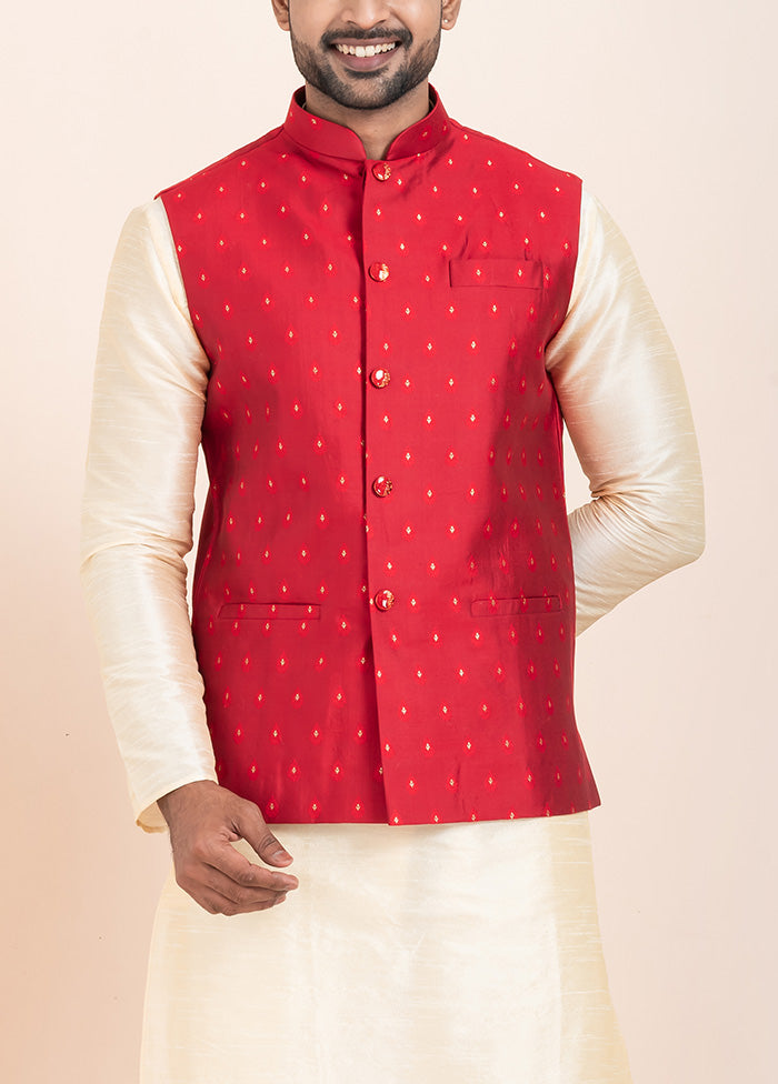 Red Full Sleeves Mandarin Collar Waistcoat