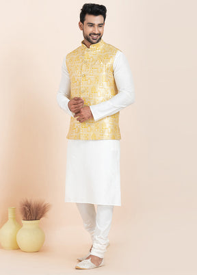 3 Pc White Dupion Silk Kurta Pajama Set