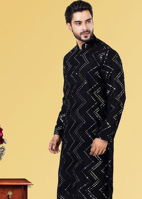 Black Jacquard Woven Silk Kurta Pajama Set