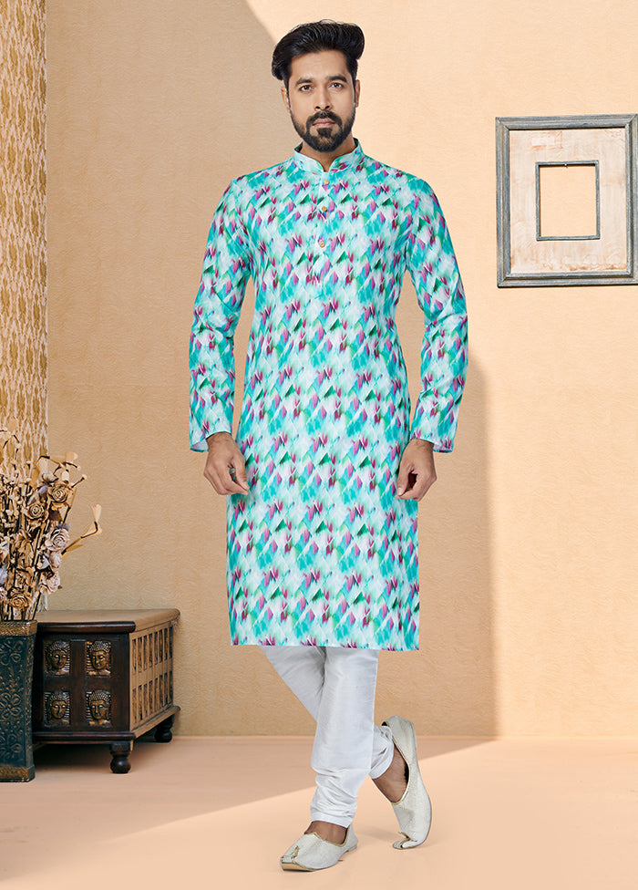 2 Pc Blue Cotton Kurta And Pajama Set