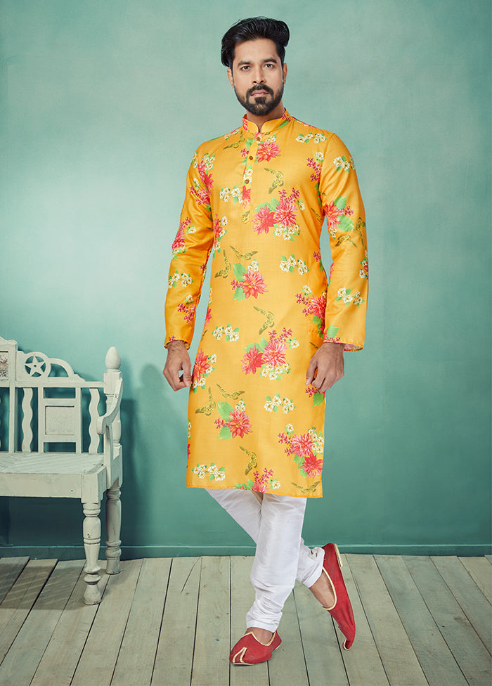 2 Pc Yellow Cotton Kurta And Pajama Set