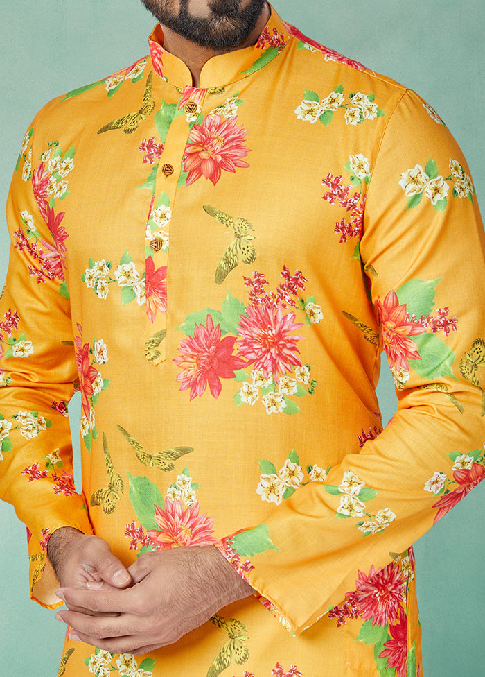 2 Pc Yellow Cotton Kurta And Pajama Set