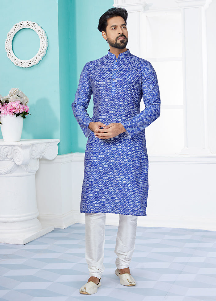 2 Pc Blue Cotton Kurta And Pajama Set