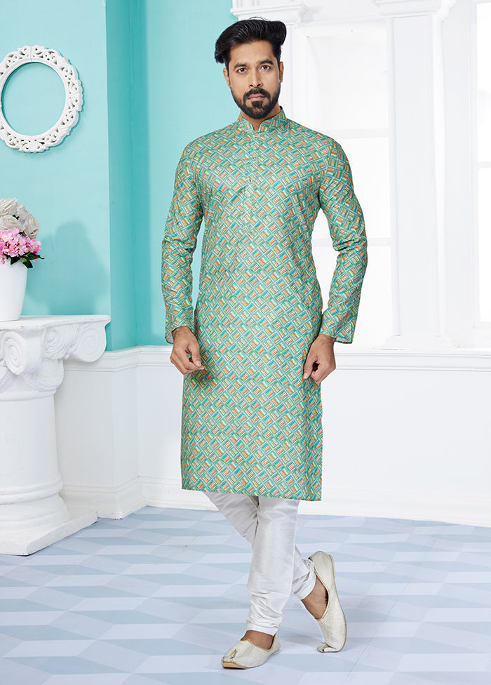 2 Pc Green Cotton Kurta And Pajama Set